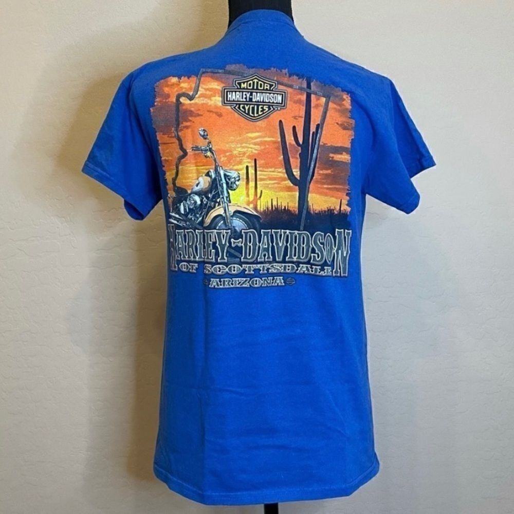 Harley Davidson of Scottsdale Desert Sunset Back Graphic Tee, Royal Blue Cotton
